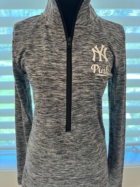 PINK Victoria's Secret Heather Gray Quarter-Zip Pullover with NY Yankees logo
